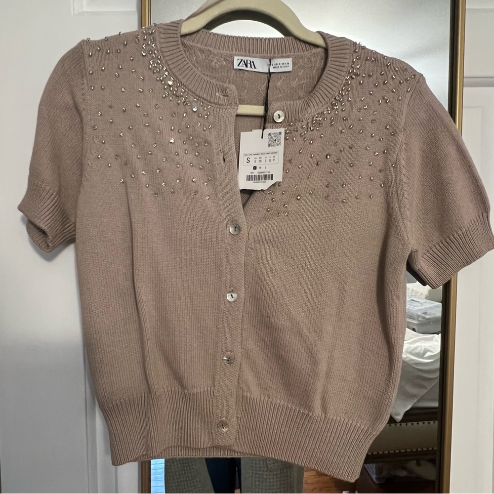 NWT Zara Beige Short Sleeve Cardigan with Embellishments